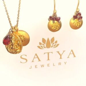 Satya earrings/necklace set, excellent condition: Ganesha, OM, garnet gemstones